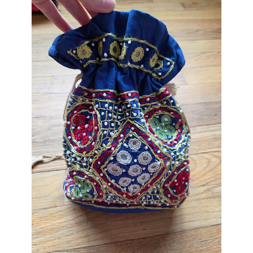 embroidered Beaded made in India cinch pouch bag